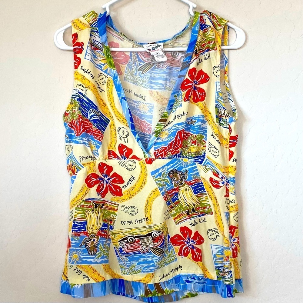 Vtg Weekend Traffic Sleeveless Top Beach Island Hula Girl Floral Stretch Sz M
